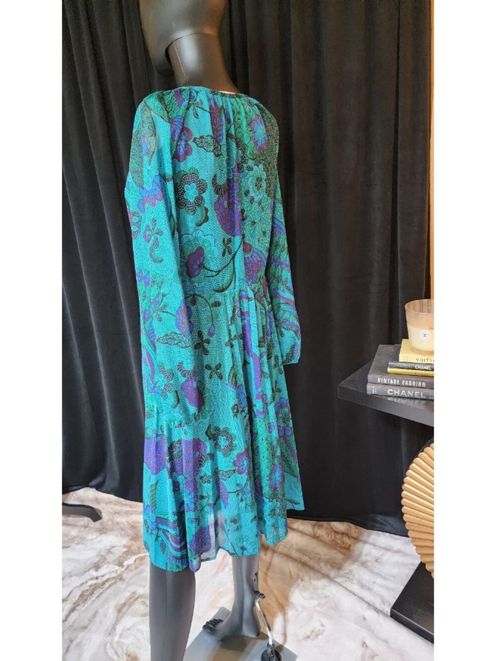 1980s KEVIN STUART PETITES psychedelic midi dress blue green abstract vintage - Picture 8 of 11